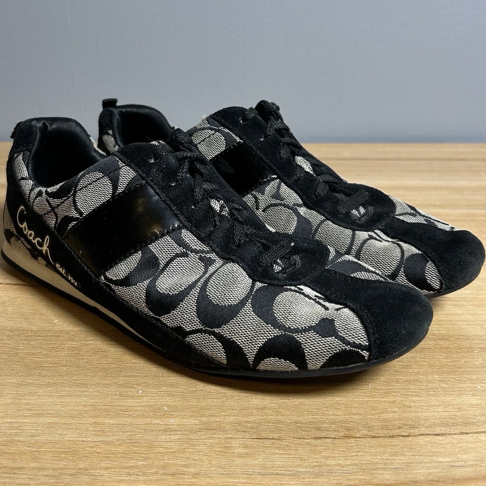 Coach Remona Black Gray Signature Monogram Logo Canvas Suede Lace Up Sneakers